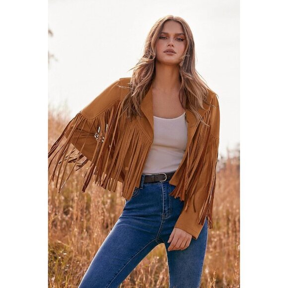 Women's  Brown Yellow Faux Suede Leather Tassel Motorcycle Cropped Jackets - Picture 8 of 9
